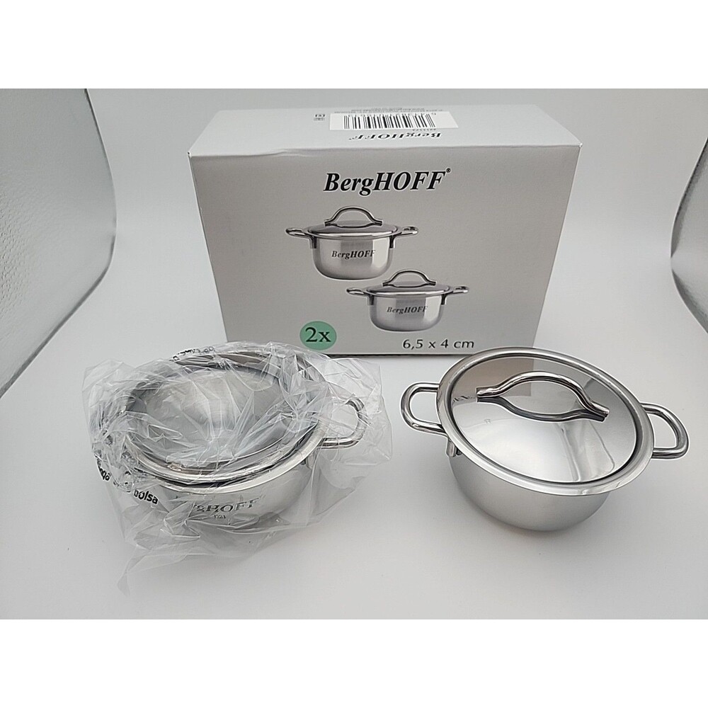 BergHoff Stainless Steel Mini Pots 2.5" w/ Lids SET of 2 Condiment Dipping NEW